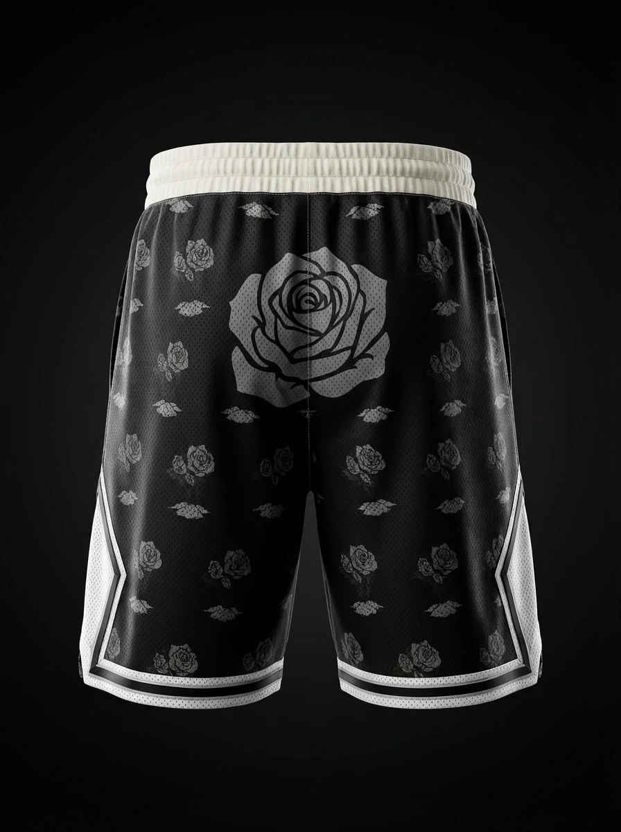 BLACK Rose x Love Hurts Basketball Shorts &mdash; technical blueprint view